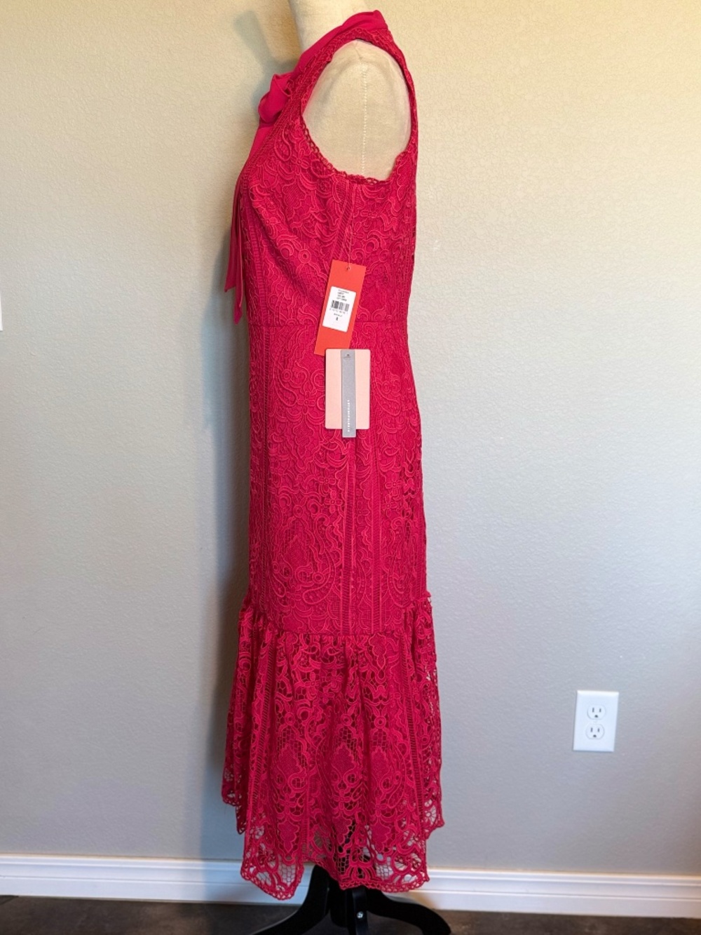 Monique Lhuillier Lace Halter Dress 8 Fuchsia Hot Pink Bow Midi - Picture 2 of 10